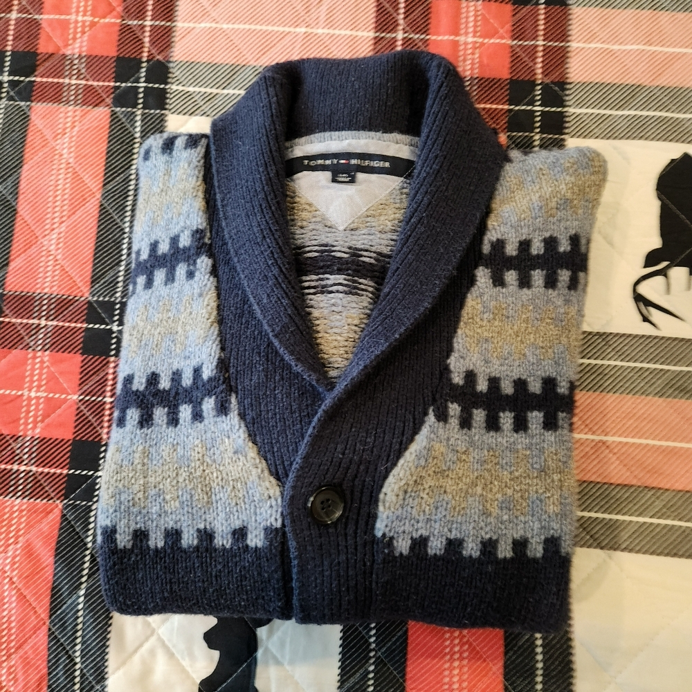 Tommy Hilfiger Fair Isle Geometric Button Up Shawl Cardigan Navy Size L